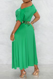 Green Fashion Casual Solid Patchwork Oblique Collar Short Sleeve Dress (Without Belt)
