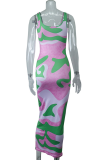 Green Sexy Print Patchwork O Neck Pencil Skirt Dresses
