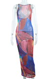 Rose Red Sexy Print Mesh O Neck Pencil Skirt Dresses
