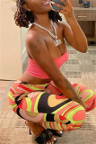 Pink Fashion Sexy Print Backless Strapless Sleeveless Two Pieces