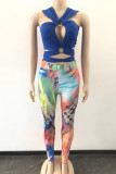 Blue Sexy Print Bandage Hollowed Out Patchwork Asymmetrical Sleeveless Two Pieces