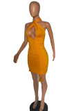 Green Fashion Sexy Solid Hollowed Out Backless Fold Halter Sleeveless Dress