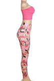 Pink Fashion Sexy Print Backless Strapless Sleeveless Two Pieces