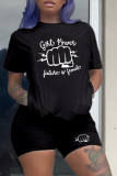 Black Casual Print Patchwork O Neck Short Sleeve Two Pieces