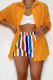 Yellow Casual Striped Print Patchwork Buckle Turndown Collar Long Sleeve Two Pieces