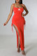 Rose Pink Fashion Celebrities Print Fold Spaghetti Strap Irregular Dress Dresses