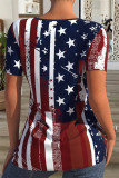 Red Blue Fashion Casual Print Patchwork O Neck T-Shirts