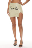 Brown Fashion Casual Letter Print Slit Skinny High Waist Skirt