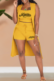 Yellow Fashion Print Patchwork Cardigan Collar Sleeveless Three Pieces