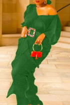 Green Elegant Solid Patchwork Flounce With Belt V Neck One Step Skirt Dresses