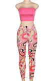Pink Fashion Sexy Print Backless Strapless Sleeveless Two Pieces