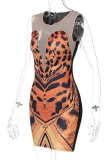 Leopard Print Sexy Leopard Mesh O Neck Pencil Skirt Dresses