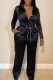 Black Casual Solid Patchwork Buckle Turndown Collar Long Sleeve Two Pieces