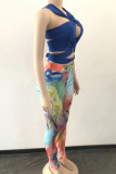 Blue Sexy Print Bandage Hollowed Out Patchwork Asymmetrical Sleeveless Two Pieces