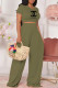 Army Green Fashion Casual Print Letter O Neck Short Sleeve Two Pieces