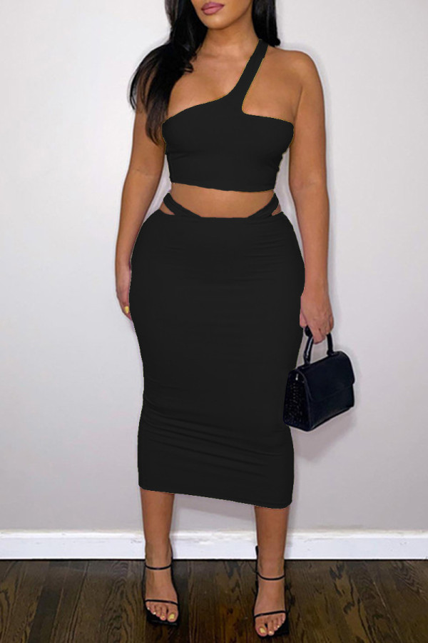 Black Fashion Sexy Solid Patchwork Backless One Shoulder Sleeveless Two Pieces