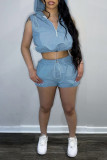 Blue Fashion Casual Solid Patchwork Hooded Collar Sleeveless Two Pieces