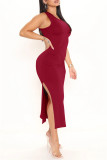 Burgundy Fashion Casual Solid Slit O Neck Sleeveless Dress