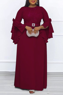 Purplish Red Elegant Solid Split Joint O Neck Long Dress Plus Size Dresses