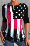 Red Blue Fashion Casual Print Patchwork O Neck T-Shirts