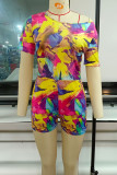 Colour Casual Print Patchwork Oblique Collar Regular Rompers