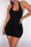 Black Sexy Casual Solid Backless Halter Skinny Romper