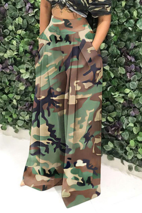 Camouflage Casual Print Camouflage Print Patchwork High Waist Wide Leg Full Print Bottoms