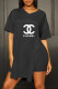 Black Fashion Casual Print Letter V Neck Short Sleeve Two Pieces