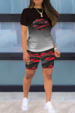 Red Fashion Casual Lips Printed Basic O Neck Short Sleeve Two Pieces