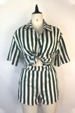 Green Casual Striped Print Patchwork Buckle Turndown Collar Short Sleeve Two Pieces