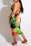 Green Sexy Print Patchwork Spaghetti Strap One Step Skirt Dresses