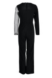 Black Fashion Casual Solid Patchwork See-through O Neck Regular Jumpsuits