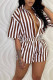 Coffee Casual Striped Print Patchwork Buckle Turndown Collar Short Sleeve Two Pieces