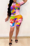 Pink Fashion Casual Print Basic O Neck Short Sleeve Two Pieces