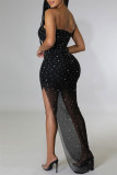 Black Fashion Sexy Patchwork Hot Drilling Backless Strapless Sleeveless Dress