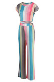 Multicolor Fashion Casual Striped Print Basic O Neck Short Sleeve Two Pieces
