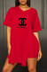 Red Fashion Casual Print Letter V Neck Short Sleeve Two Pieces