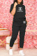 Black Fashion Sportswear Print Letter O Neck Short Sleeve Two Pieces