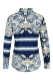 Multicolor Casual Print Patchwork Buckle Turndown Collar Tops