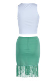 White Green Fashion Sexy Solid Tassel Patchwork Asymmetrical O Neck Sleeveless Two Pieces