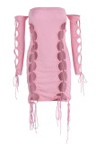 Pink Fashion Sexy Solid Bandage Hollowed Out Backless Off the Shoulder Long Sleeve Dresses