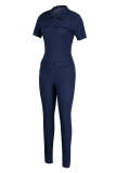 Blue Fashion Casual Solid Patchwork Zipper Collar Short Sleeve Skinny Denim Jumpsuits