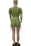 Green Sexy Solid Hollowed Out Patchwork O Neck Short Sleeve Two Pieces