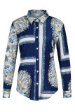 Multicolor Casual Print Patchwork Buckle Turndown Collar Tops