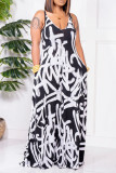 Black White Fashion Casual Print Backless V Neck Regular Jumpsuits