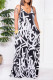 Black White Fashion Casual Print Backless V Neck Regular Jumpsuits