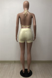 Beige Fashion Sexy Solid Bandage Backless Halter Sleeveless Two Pieces