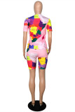 Pink Fashion Casual Print Basic O Neck Short Sleeve Two Pieces
