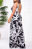 Black White Fashion Casual Print Backless V Neck Regular Jumpsuits
