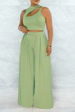 Green Casual Solid Hollowed Out O Neck Sleeveless Two Pieces